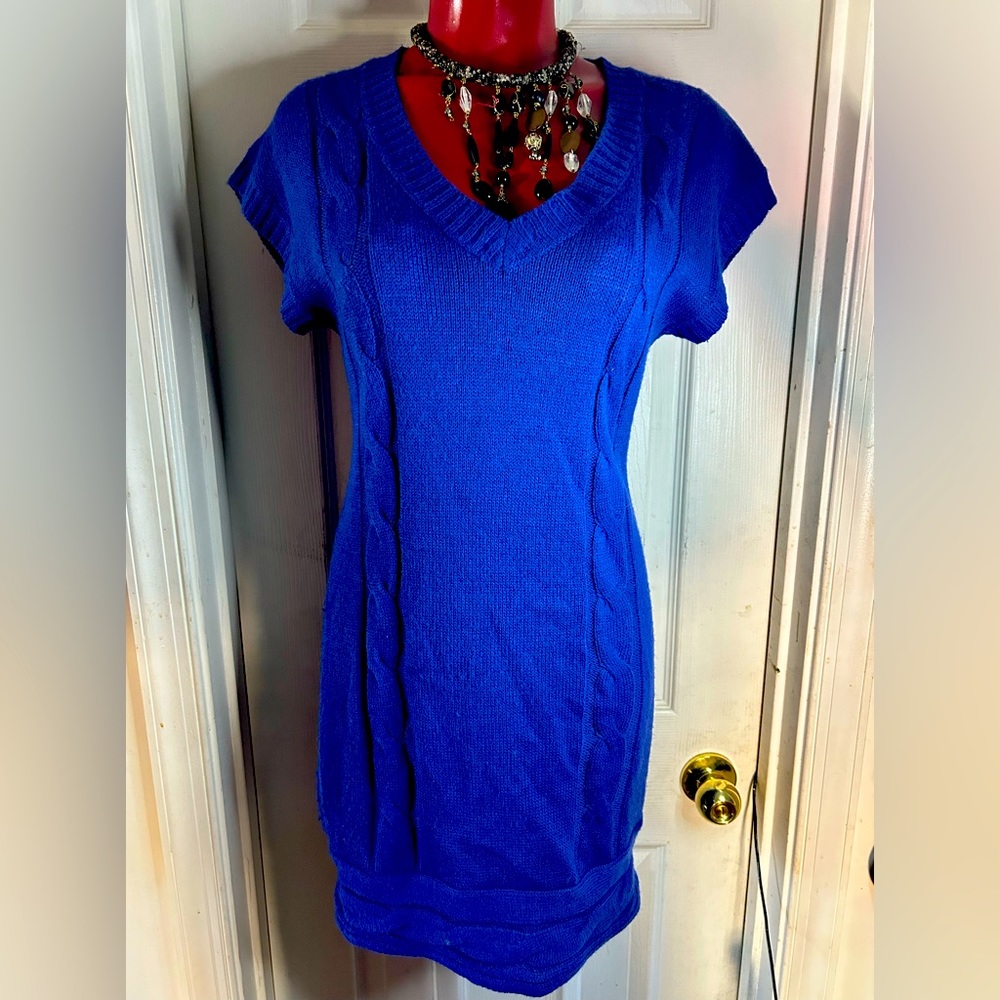 Red Paint Short Sleeve Long Sweater Dress Royal Blue Juniors Size L Large